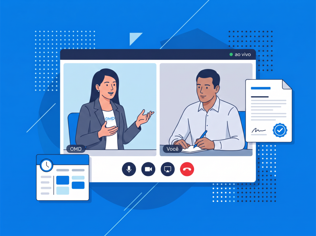 Ilustração de chamada de vídeo entre consultora da OMD e você